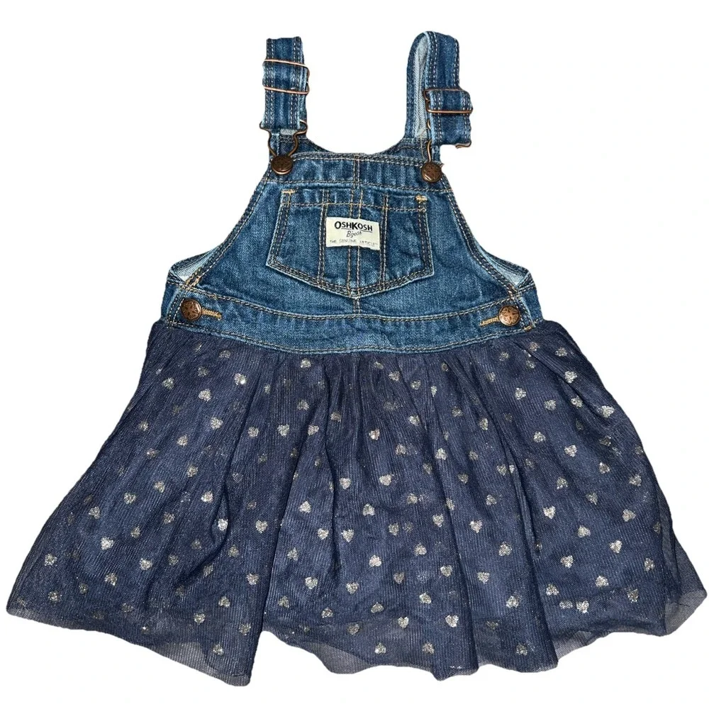 OshKosh Vestbak Baby Girls 18 Month Denim and Tulle Metallic Heart Overall Dress - Picture 1 of 6